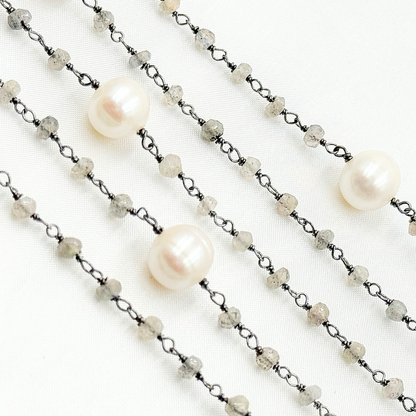 Labradorite & Pearl Oxidized 925 Sterling Silver Wire Chain.