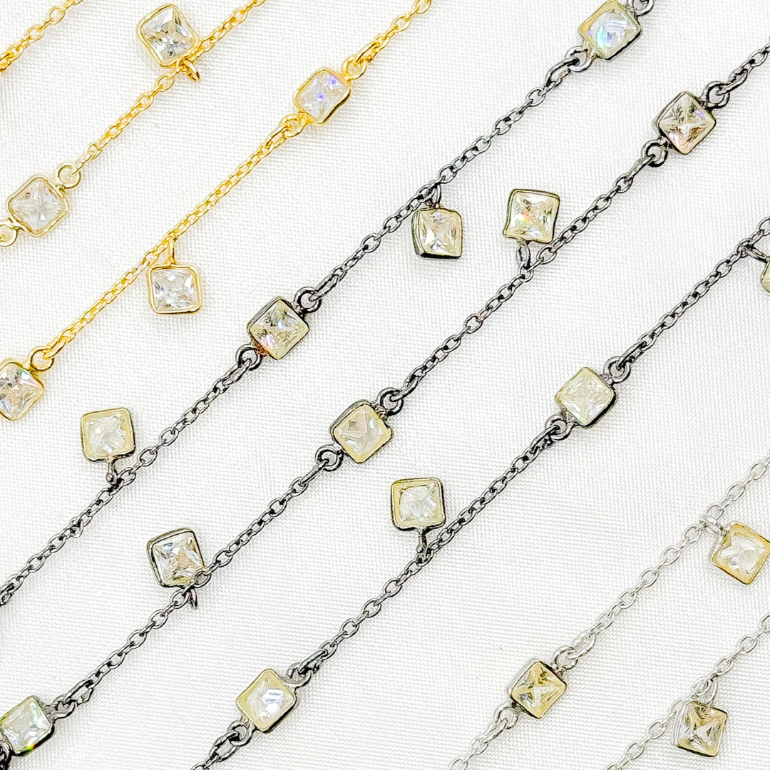 Cubic Zirconia Square Shape Dangle & Connected Wire Chain