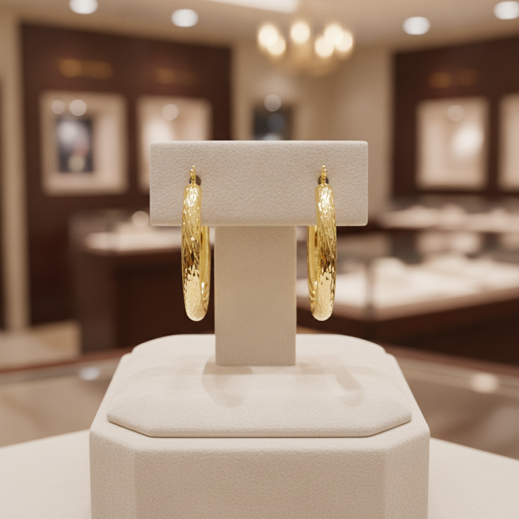 GER61. 14K Hollow Gold Diamond Cut Hoop Earrings