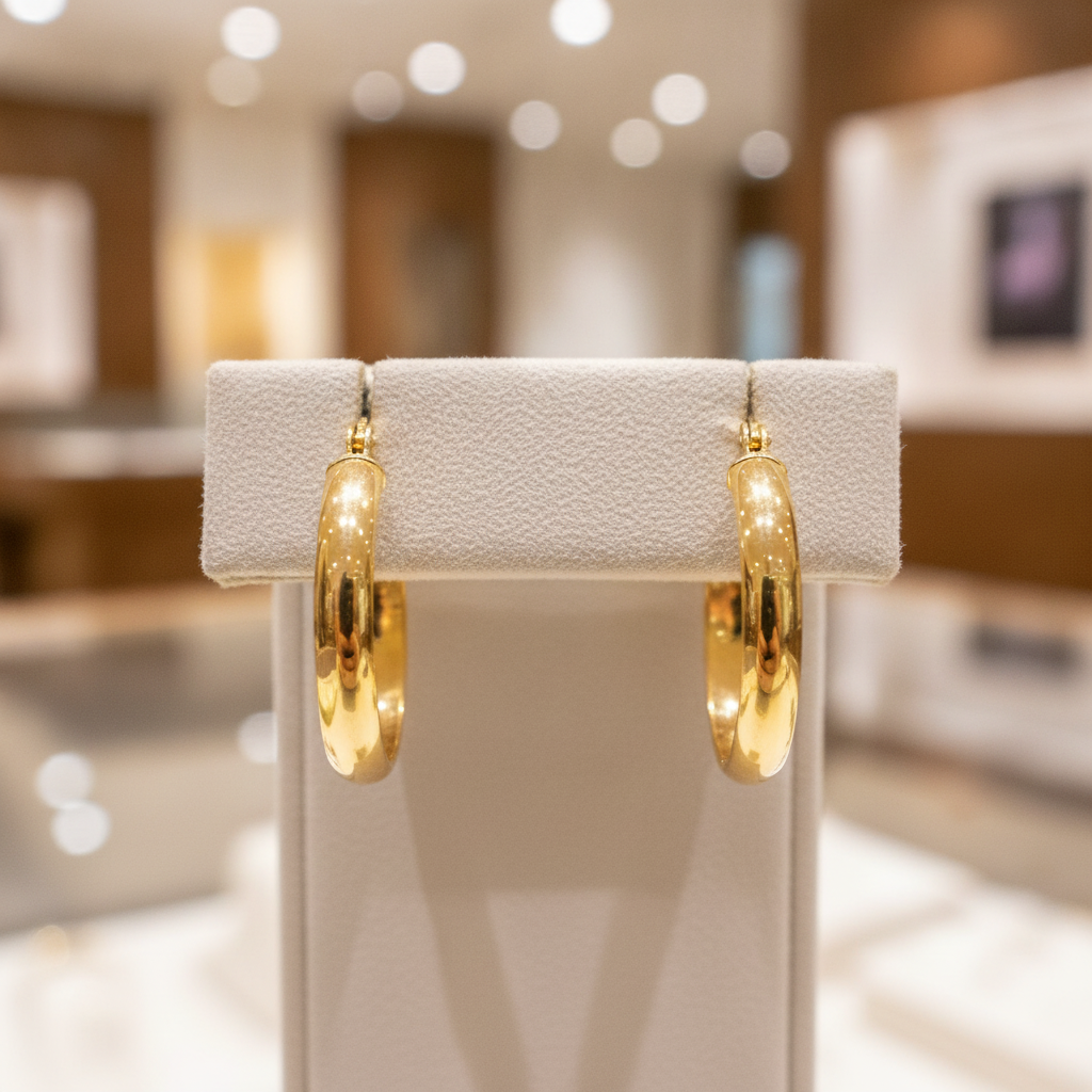 GER100. 14K Solid Gold Smooth Hollow Hoop Earrings
