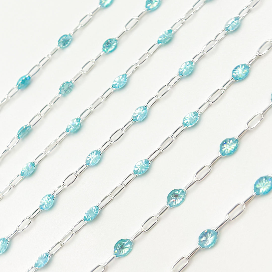 Sterling Silver Sky Blue Opal Color Enamel Cable Chain