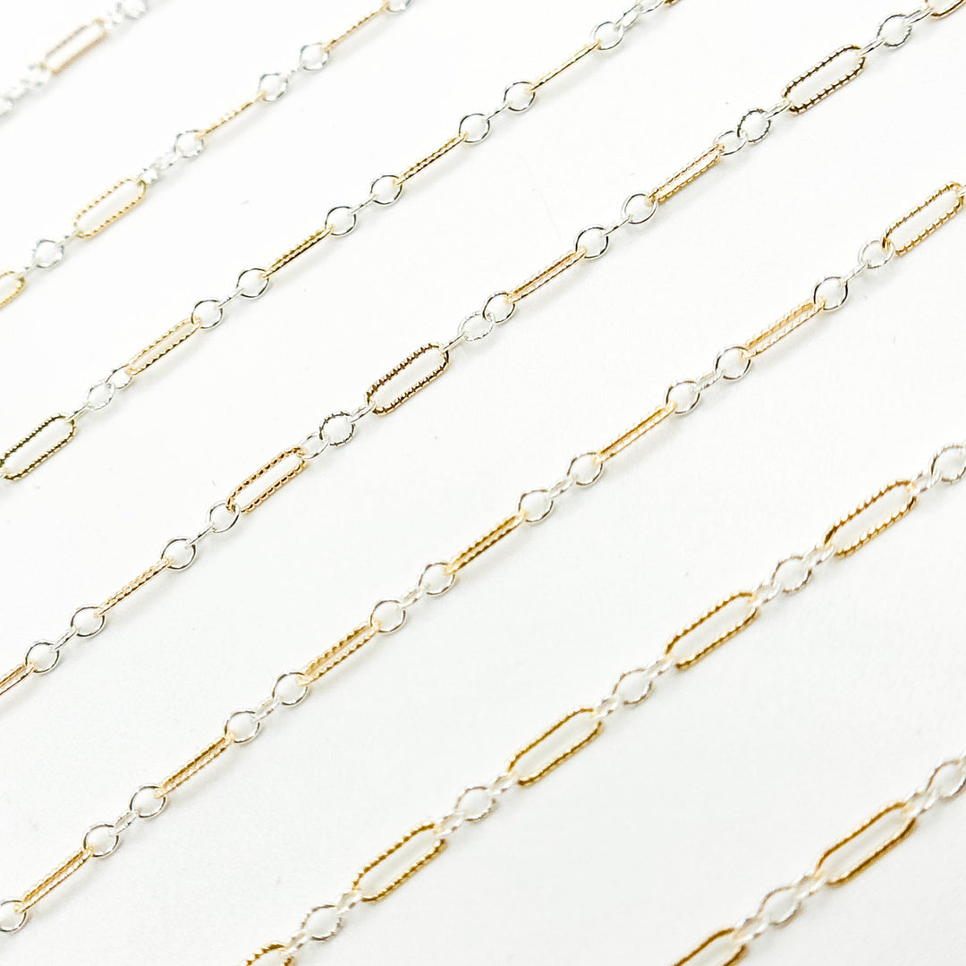 XM/1003K. 14K Gold Filled and Sterling Silver Knurled Link Chain – Long & Short Pattern