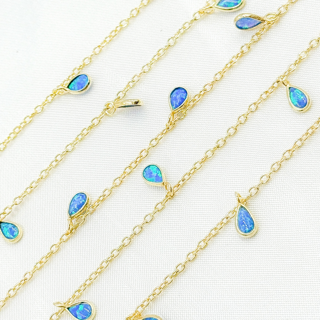 Created Blue Opal Tear Drop Shape Dangle Chain