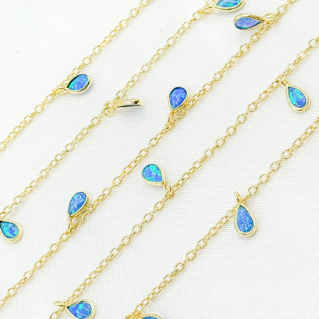 Created Blue Opal Tear Drop Shape Dangle Chain. CBO5