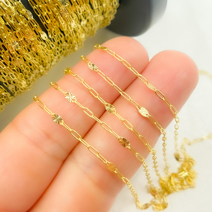 14k Solid Gold Smooth Paperclip & Diamond Cut Oval Link Chain