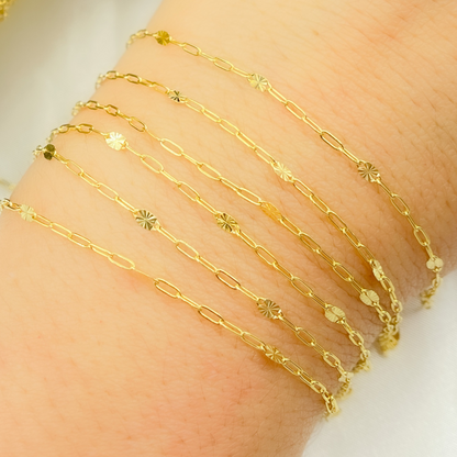14k Solid Gold Smooth Paperclip & Diamond Cut Oval Link Chain