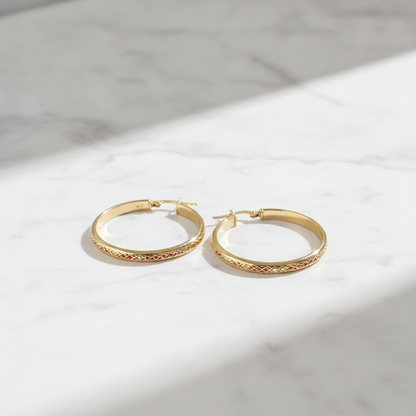 GER160. 14K Solid Gold Hollow Diamond Cut Hollow Hoop Earrings