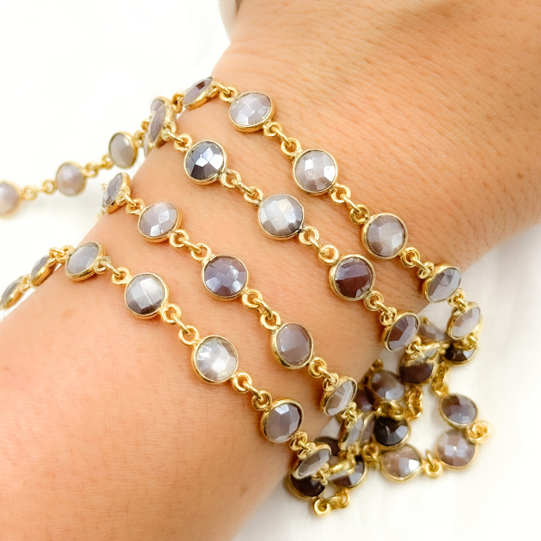 Coated Chocolate Moonstone Round Shape Bezel Gold Plated Wire Chain.