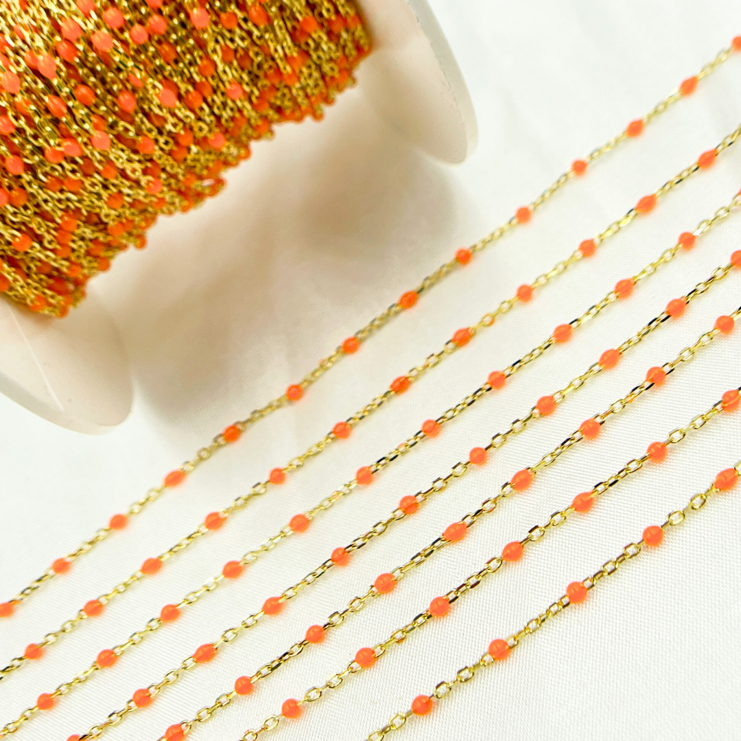 925 Sterling Silver Gold Plated  Enamel Orange Color Cable Chain. V203ORGP