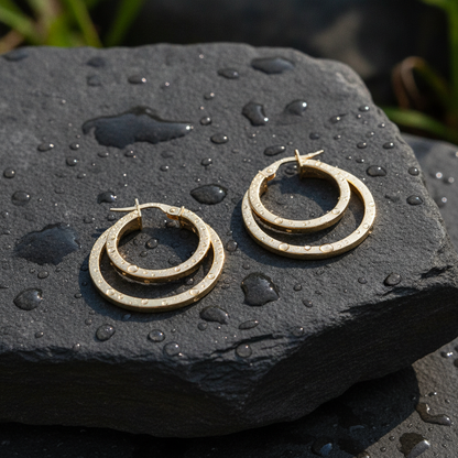 15850003992. 14K Solid Gold Fancy Hollow Double Hoop Earrings