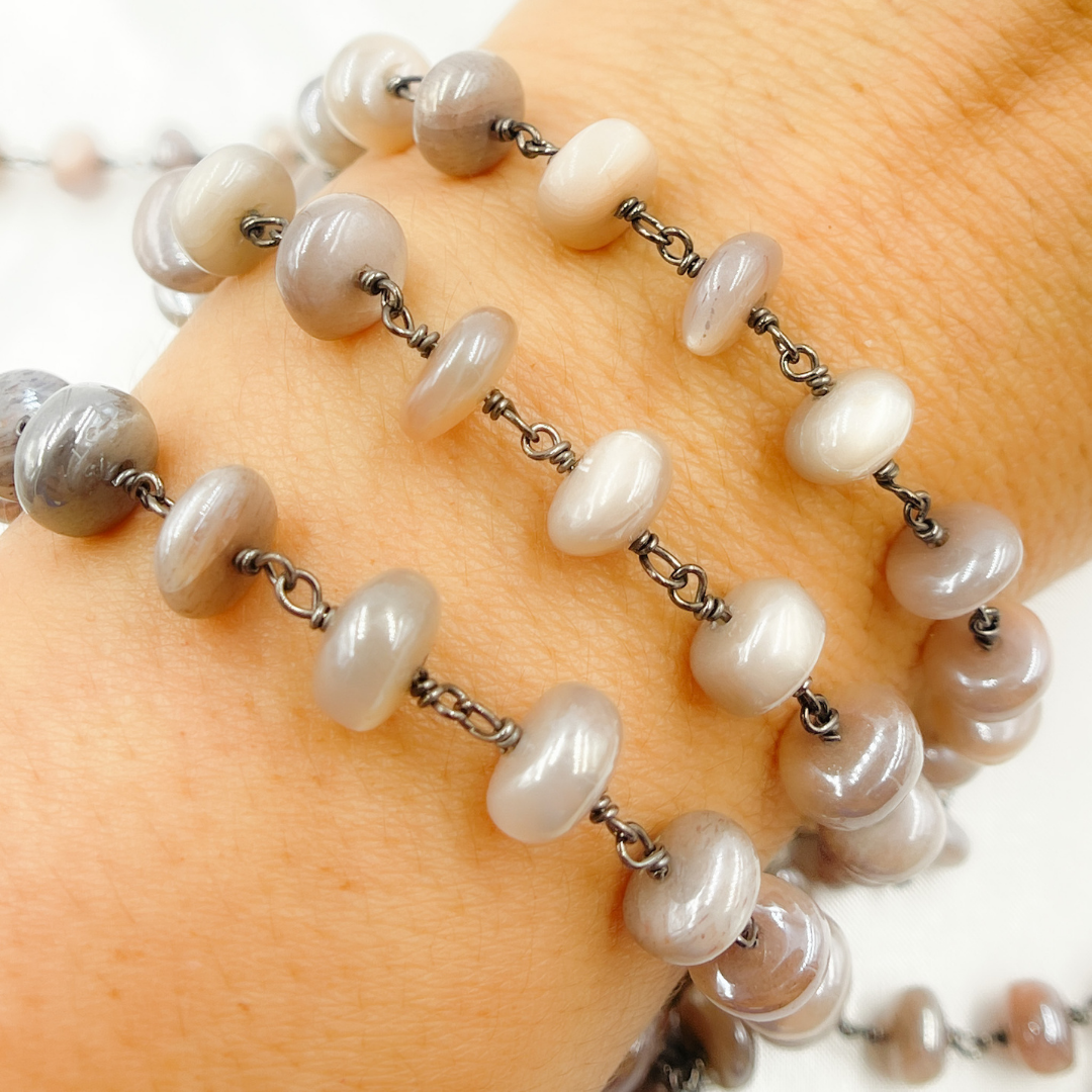 Coated Taupe Smooth Moonstone Oxidized Wire Chain.