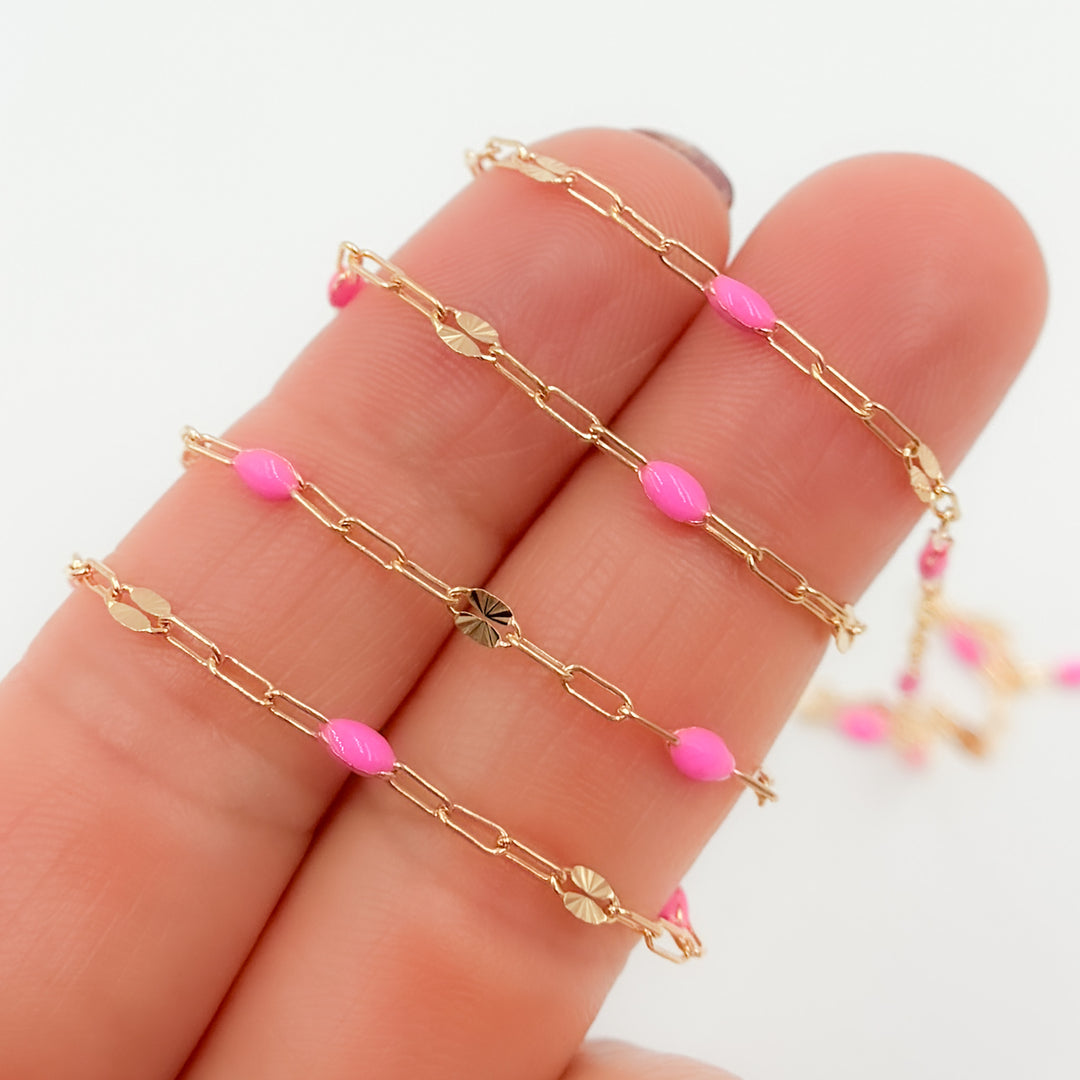 V295PKGF. 14K Gold Filled Pink Color Enamel with Paperclip and Diamond Cut Marina Links