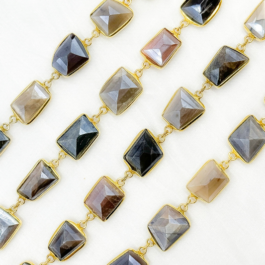 Coated Multi Moonstone Organic Shape Bezel Gold Plated Wire Chain