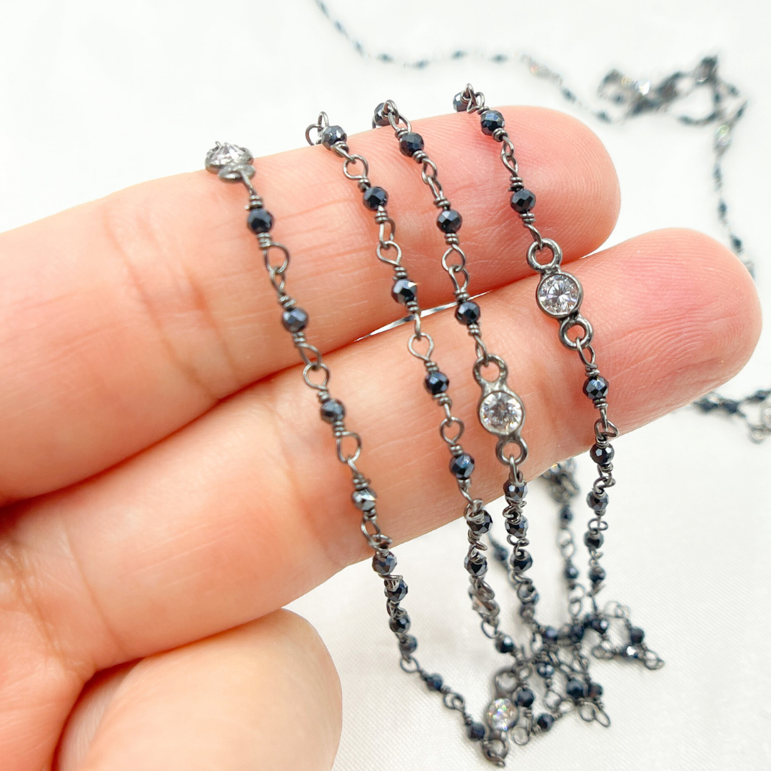Coated Black Spinel & Round CZ Wire Wrap Chain