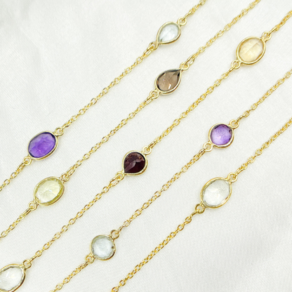 Multi Gemstone Organic Shape Gold Plated Connected Wire Chain