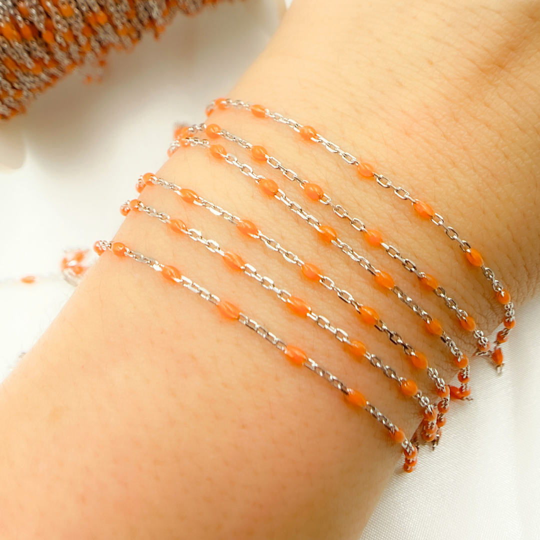 Sterling White Silver Enamel Orange Color Cable Chain
