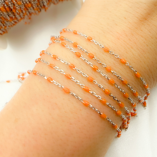 Sterling White Silver Enamel Orange Color Cable Chain