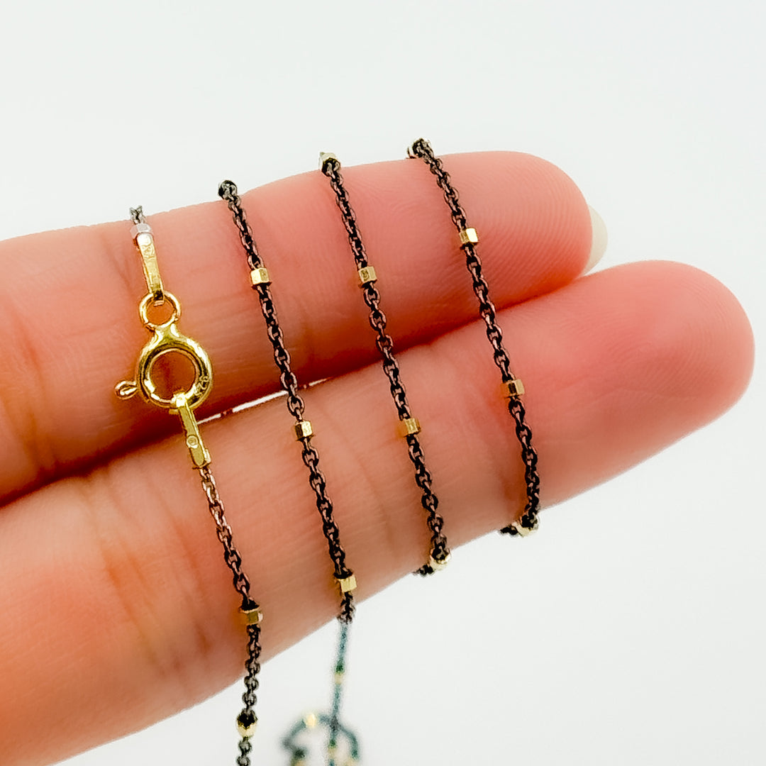 Z36GB1F. Sterling Silver Oxidized Satellite Chain with Gold Cubes