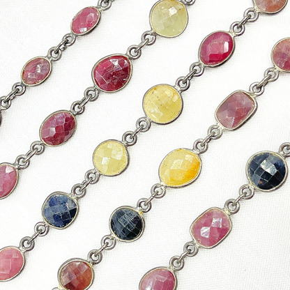Multi Sapphire Mix Shape Bezel Oxidized Wire Chain.