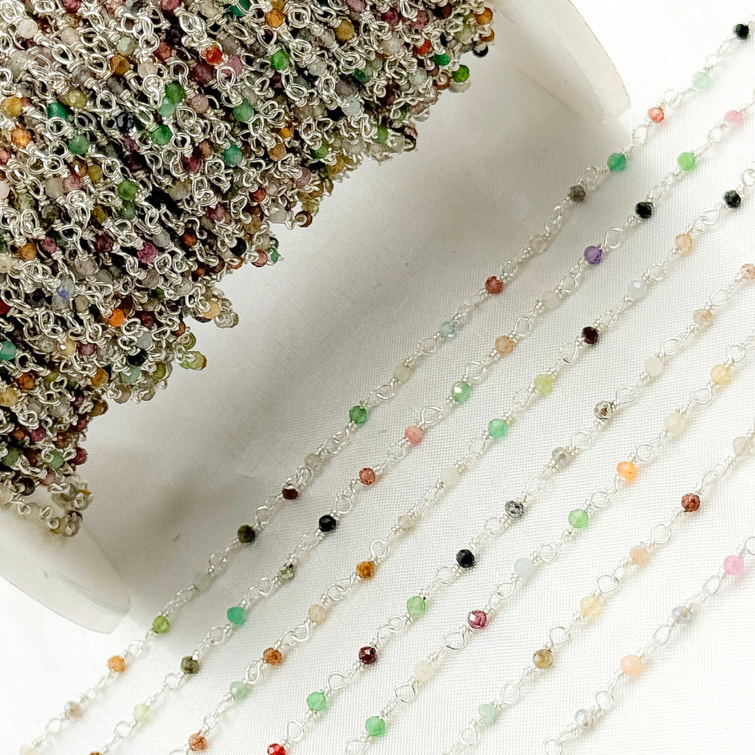 MGS24. Multi Gemstone White Sterling Silver Wire Chain