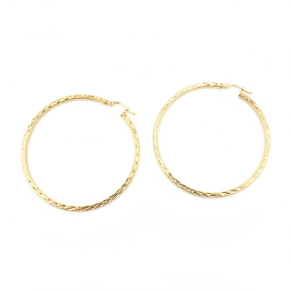 GER157. 14K Solid Gold Hollow Flat Diamond Cut Hoop