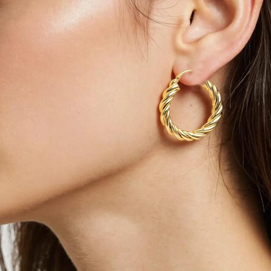 15850004969. 14K Solid Gold Fancy Twisted Hollow Hoop Earrings