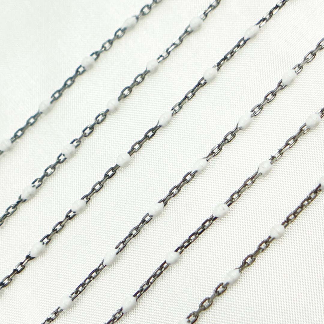 Oxidized Sterling Silver Enamel White Color Cable Chain