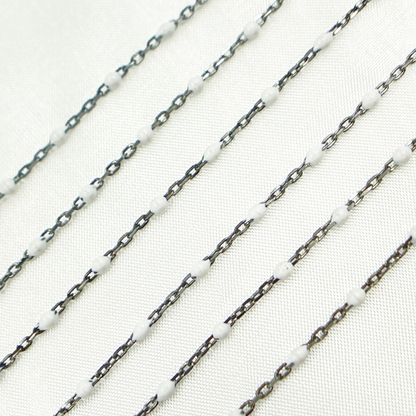 Oxidized Sterling Silver Enamel White Color Cable Chain