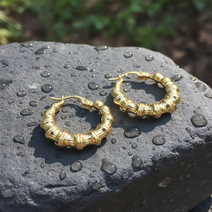 GER145. 14K Hollow Gold Textured Hoop Earrings