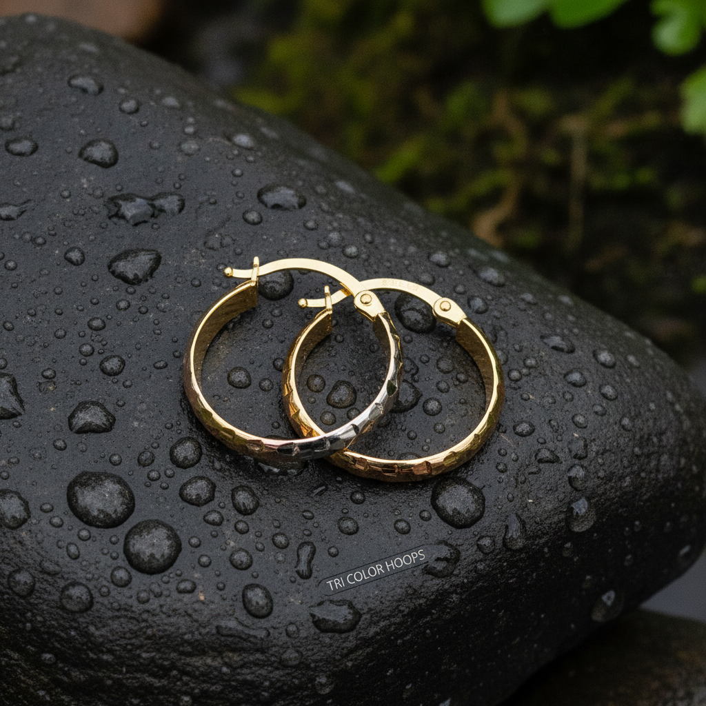 GER62. 14K Gold Diamond Cut Tri-Color Hoop Earrings
