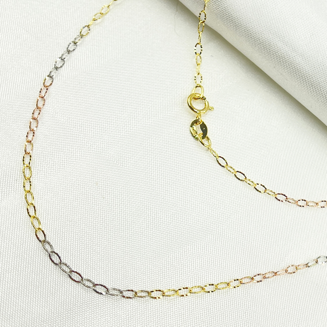 030FVBF223H. 14k Solid Tri-Color Gold Diamond Cut Cable Link Chain