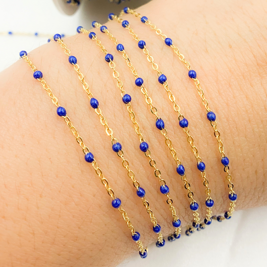 14K Solid Yellow Gold Enamel Navy Blue Color Cable Chain