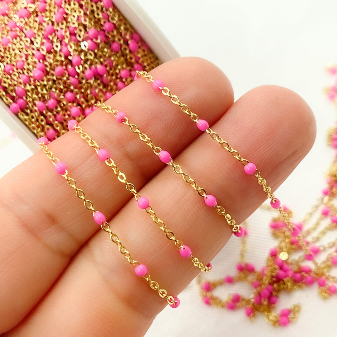 14k Solid Gold Cable Pink Enamel Chain