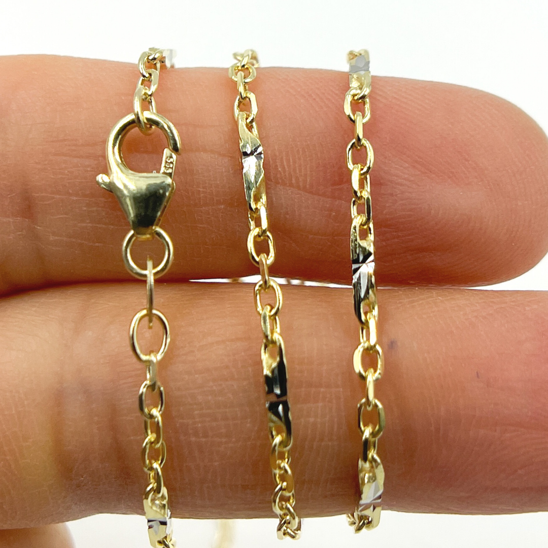 14K Solid Gold Cable with Diamond Cut Bar Chain