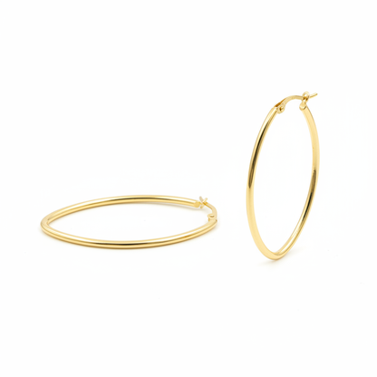 GER53. 14K Solid Gold Oval Shape Hollow Hoop Earrings