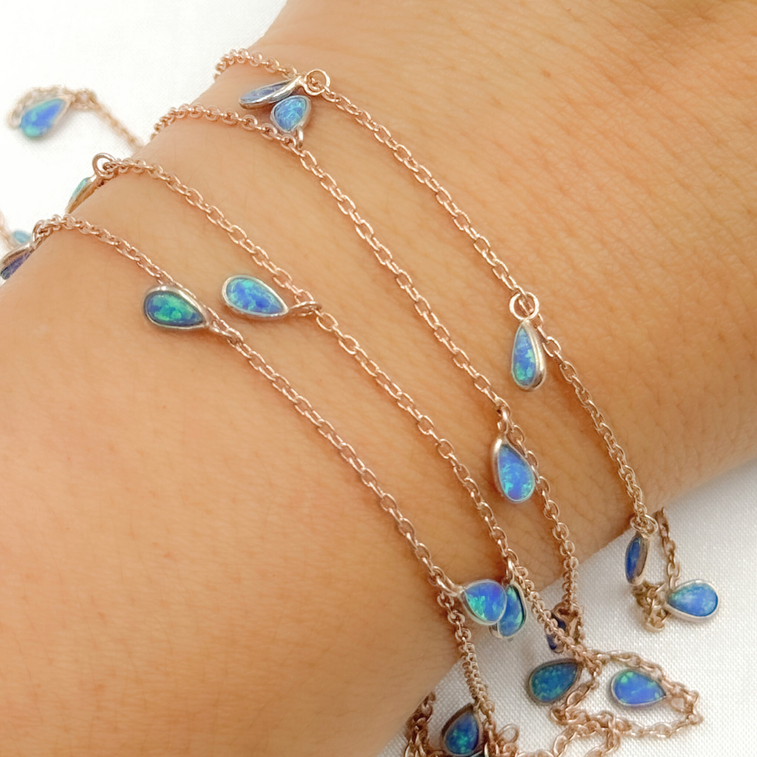 Created Blue Opal Rectangular Shape Dangle Chain.