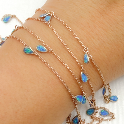 Created Blue Opal Rectangular Shape Dangle Chain.