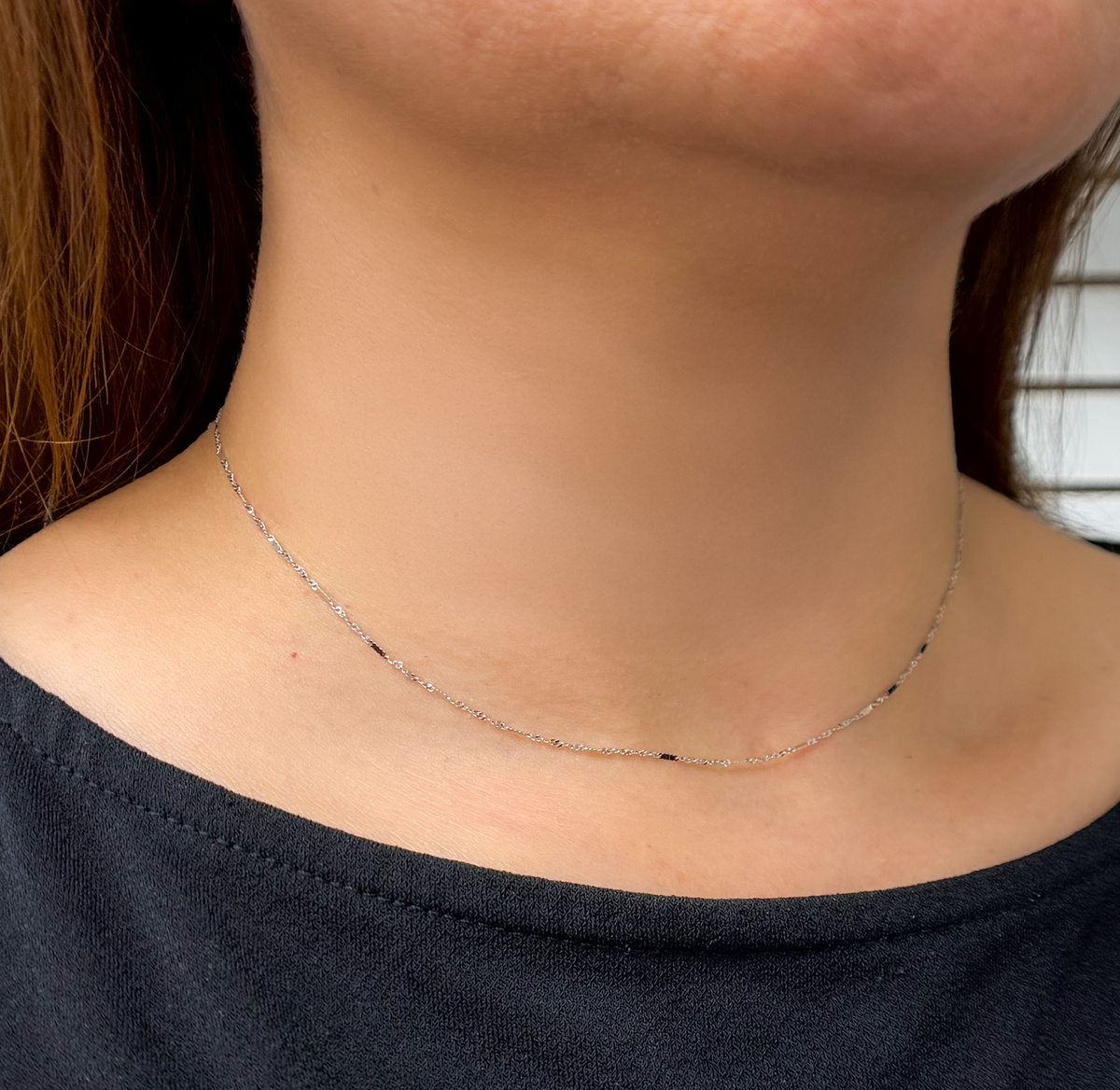 4K White Solid Gold Flat Bar and Singapore Link Necklace