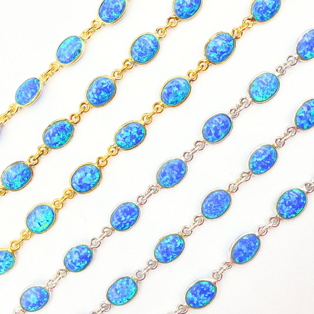 Created Blue Opal Oval Shape Connected Chain.