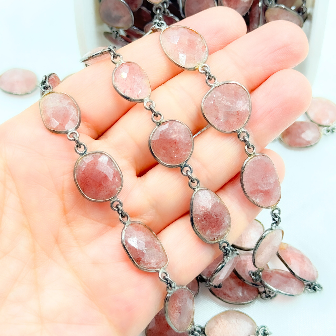 Strawberry Quartz Organic Shape Bezel Oxidized Wire Chain. STQ1