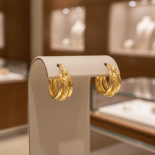 15850017973. 14K Solid Gold Smooth and Textured Triple Line Hollow Hoop Earrings