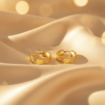 GER105. 14K Solid Gold Flat Diamond Cut Hollow Hoop Earrings