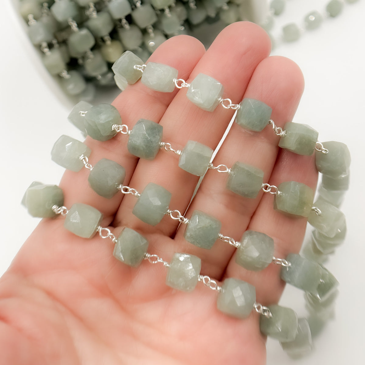 Milky Aquamarine Cube Faceted Sterling Silver Wire Chain