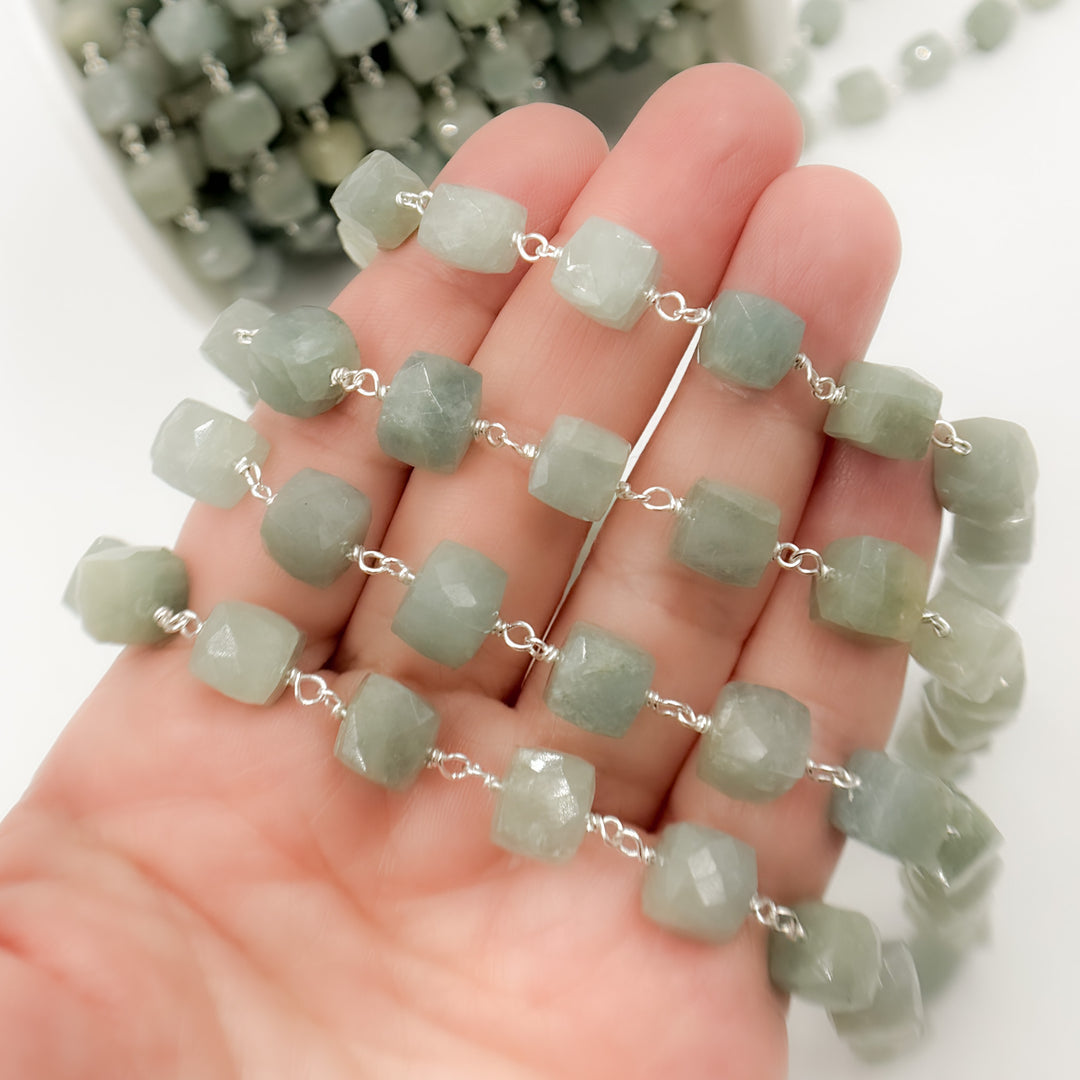 AQU33. Milky Aquamarine Cube Faceted Sterling Silver Wire Chain