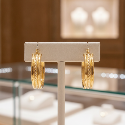 15850017958. 14K Solid Gold Smooth and Textured Triple Line Hollow Hoop Earrings