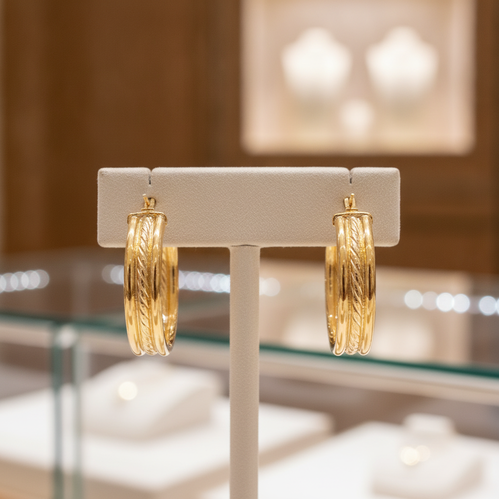15850017958. 14K Solid Gold Smooth and Textured Triple Line Hollow Hoop Earrings