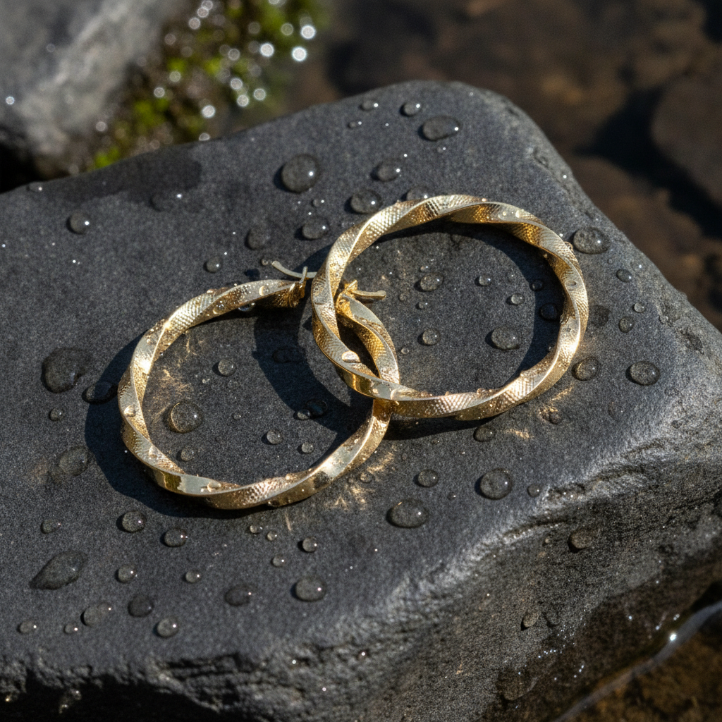 GER129. 14K Solid Gold Twisted Hoop with Texture