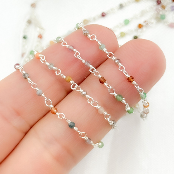 Multi Gemstone White Sterling Silver Wire Chain