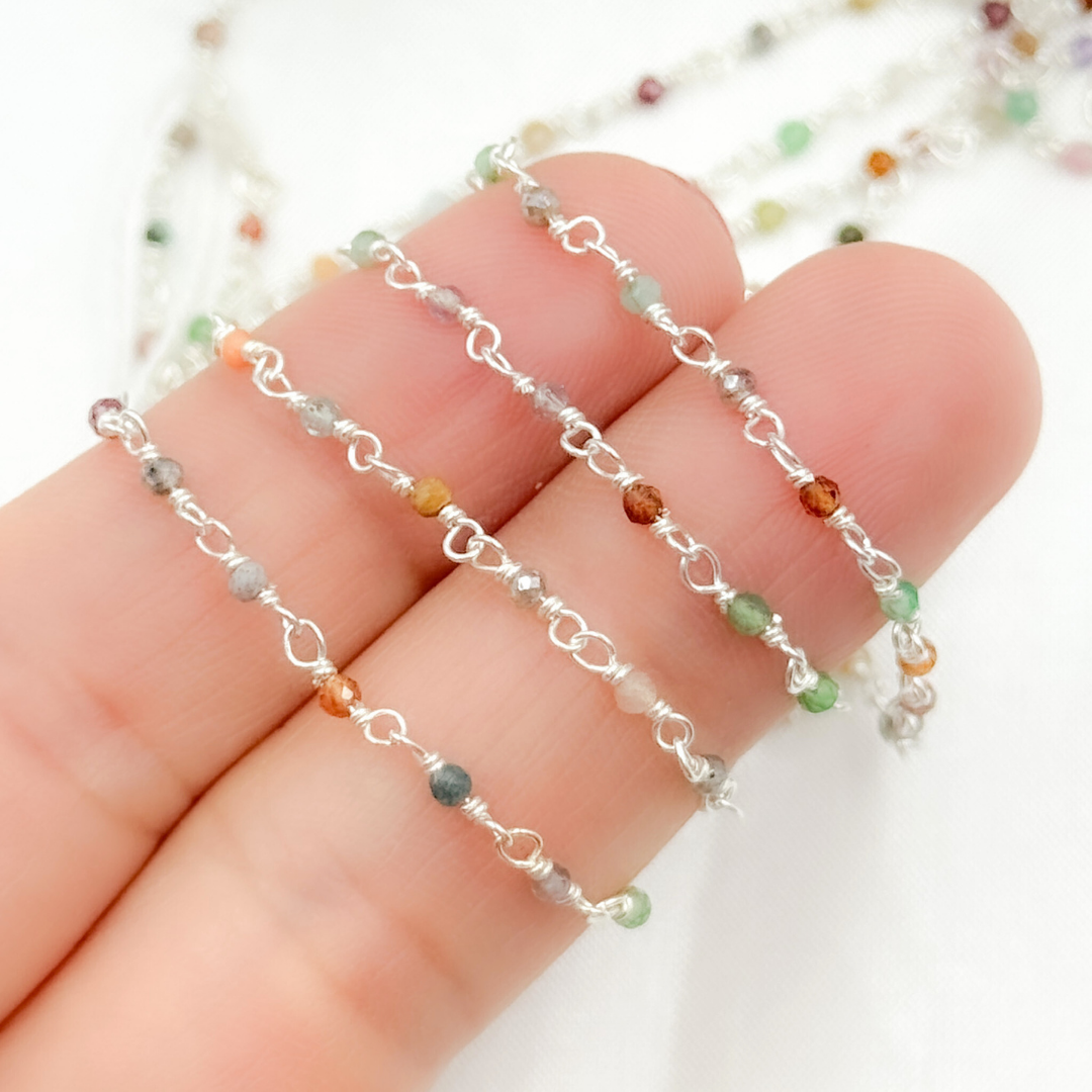 MGS24. Multi Gemstone White Sterling Silver Wire Chain