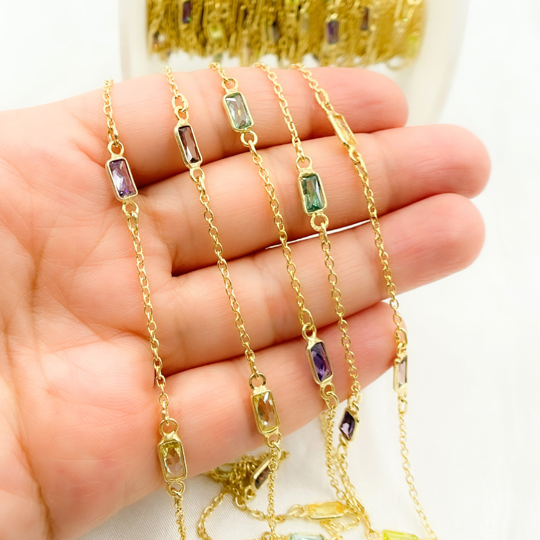 Multi Color Cubic Zirconia Rectangular Shape Connected Chain